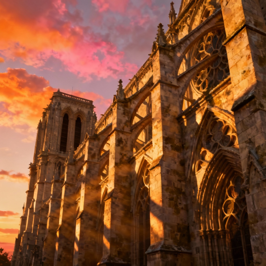 AI side view of Gothic cathedral flying buttresses at sunset
