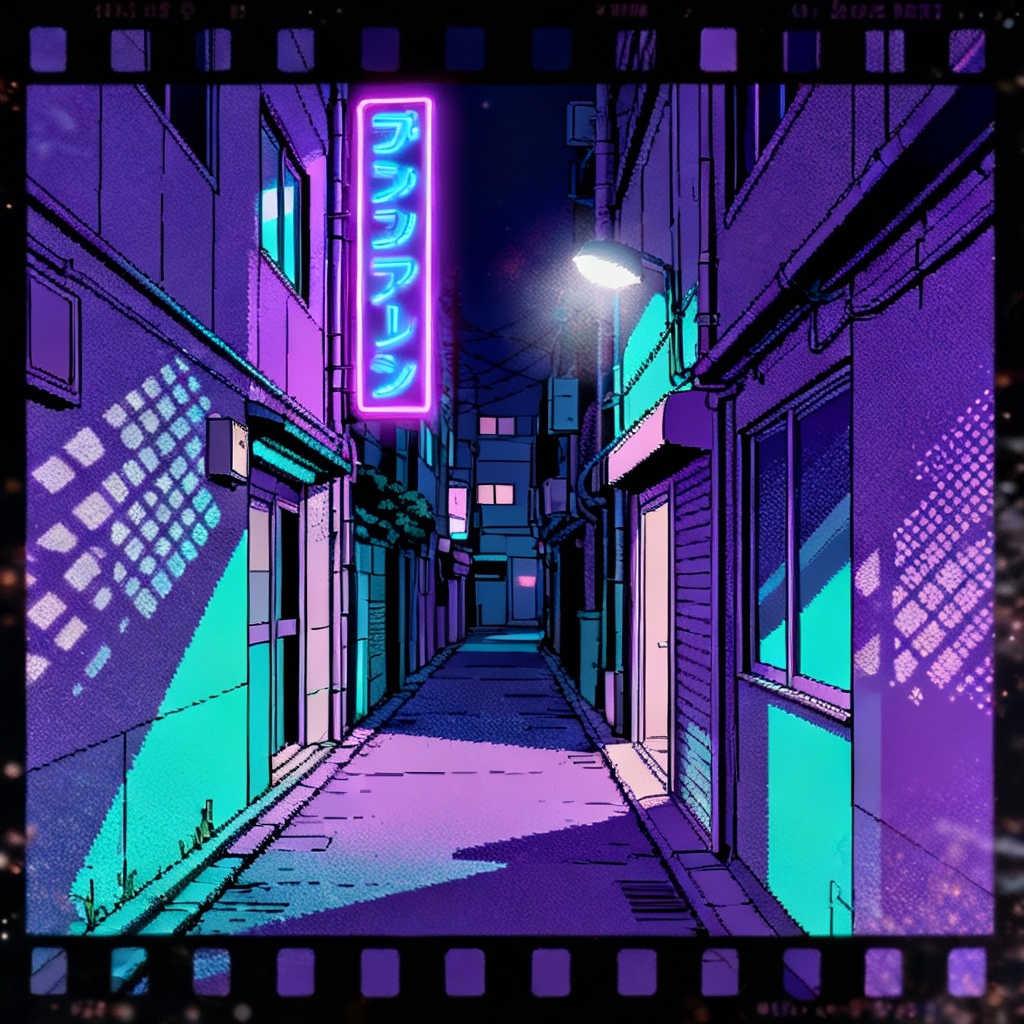 AI retro anime cel shaded city street at night