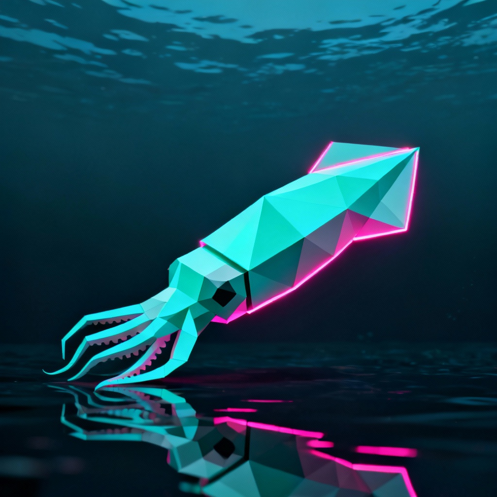 Low-poly glowing squid in neon ocean