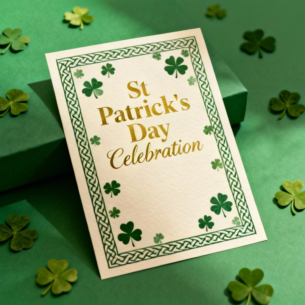 AI St Patrick's Day party invitation with green shamrocks and gold foil accents