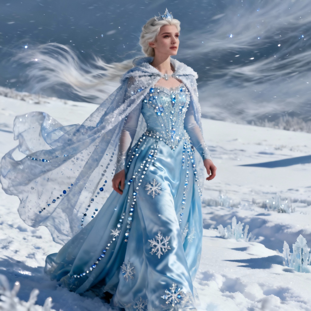 AI ice princess dress with crystal embroidery and frosted cape