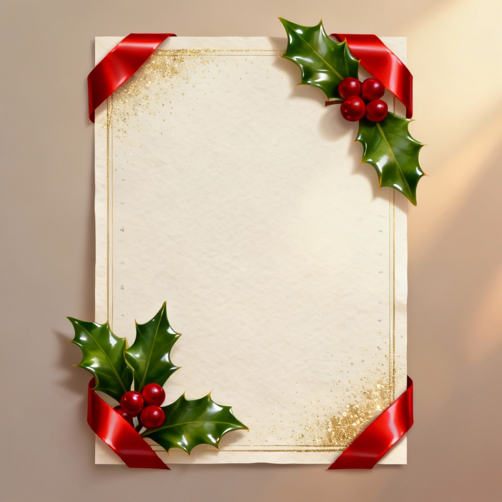 Classic holly and red ribbon Christmas border frame