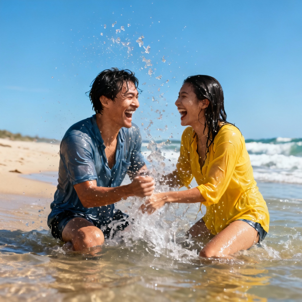AI playful couple splashing in waves at the shore
