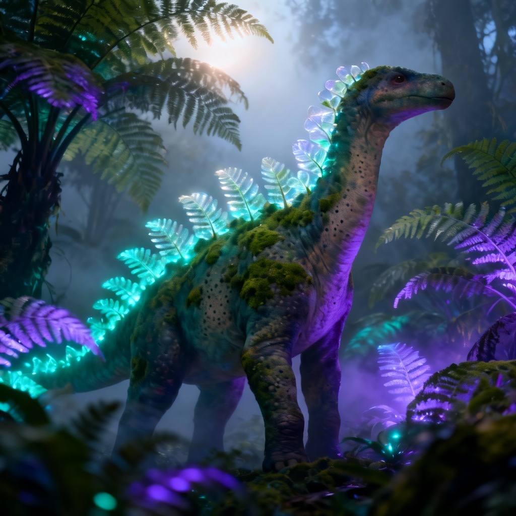 AI bioluminescent alien herbivore in glowing forest