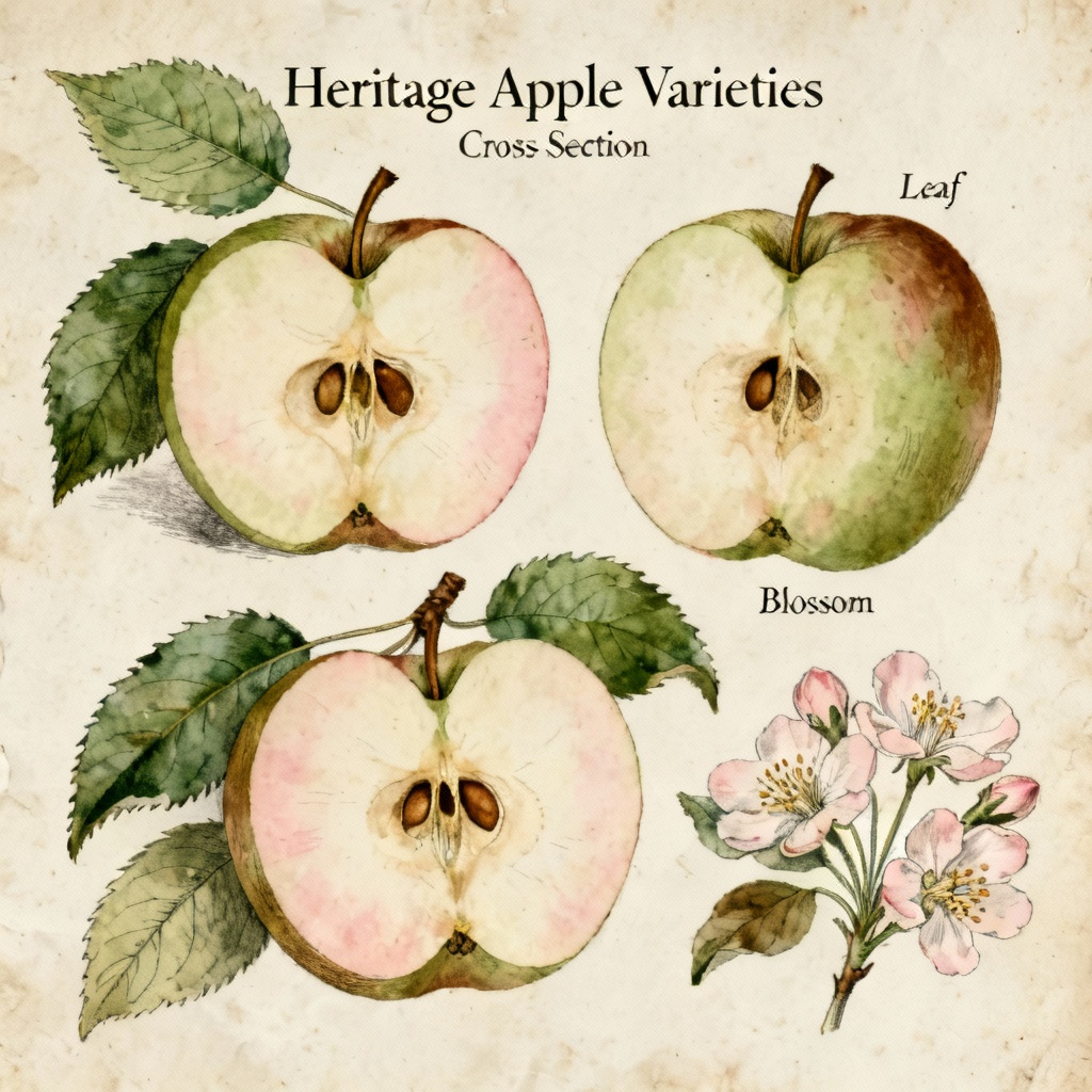 Vintage botanical illustration of heritage apple varieties