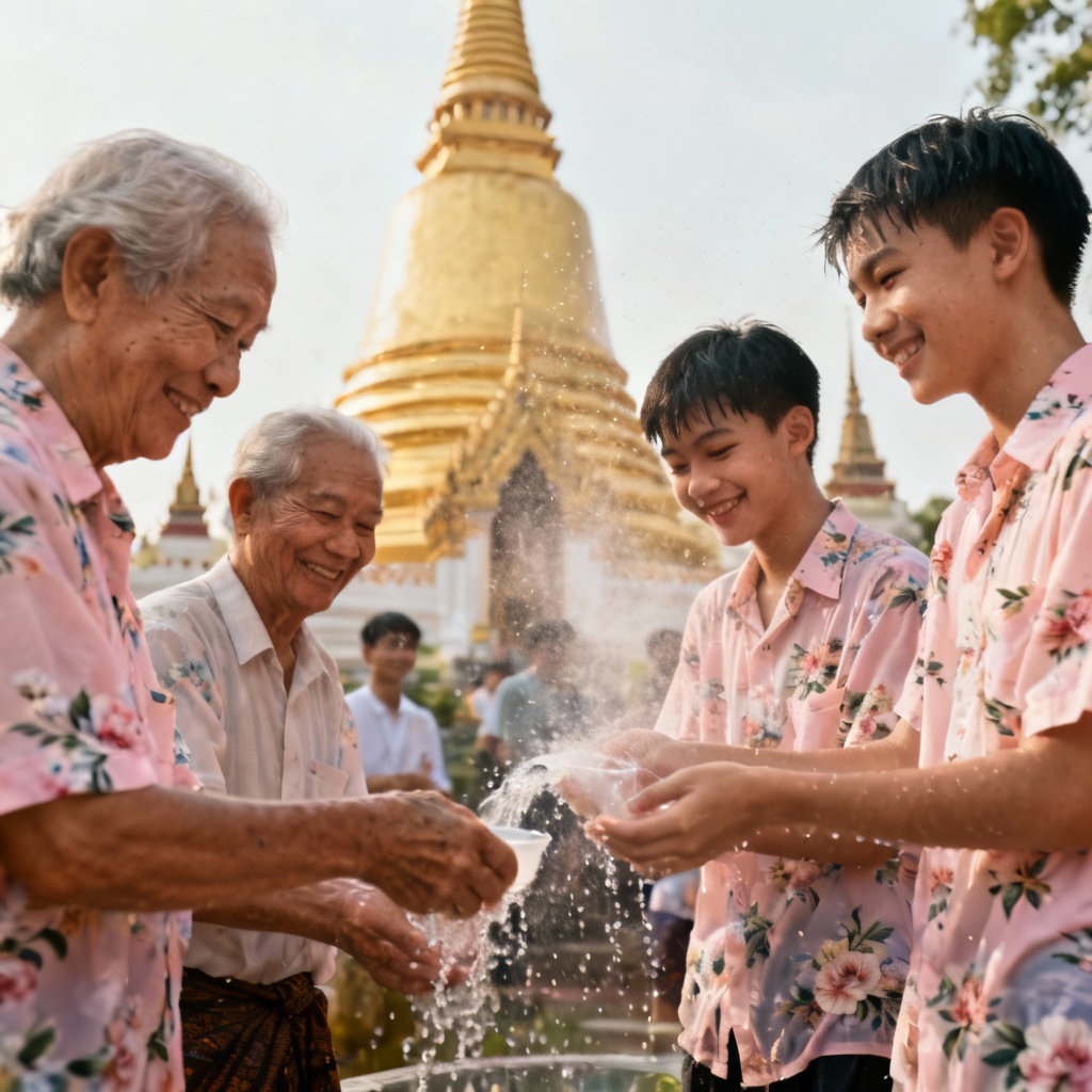AI Songkran temple scene with water blessing