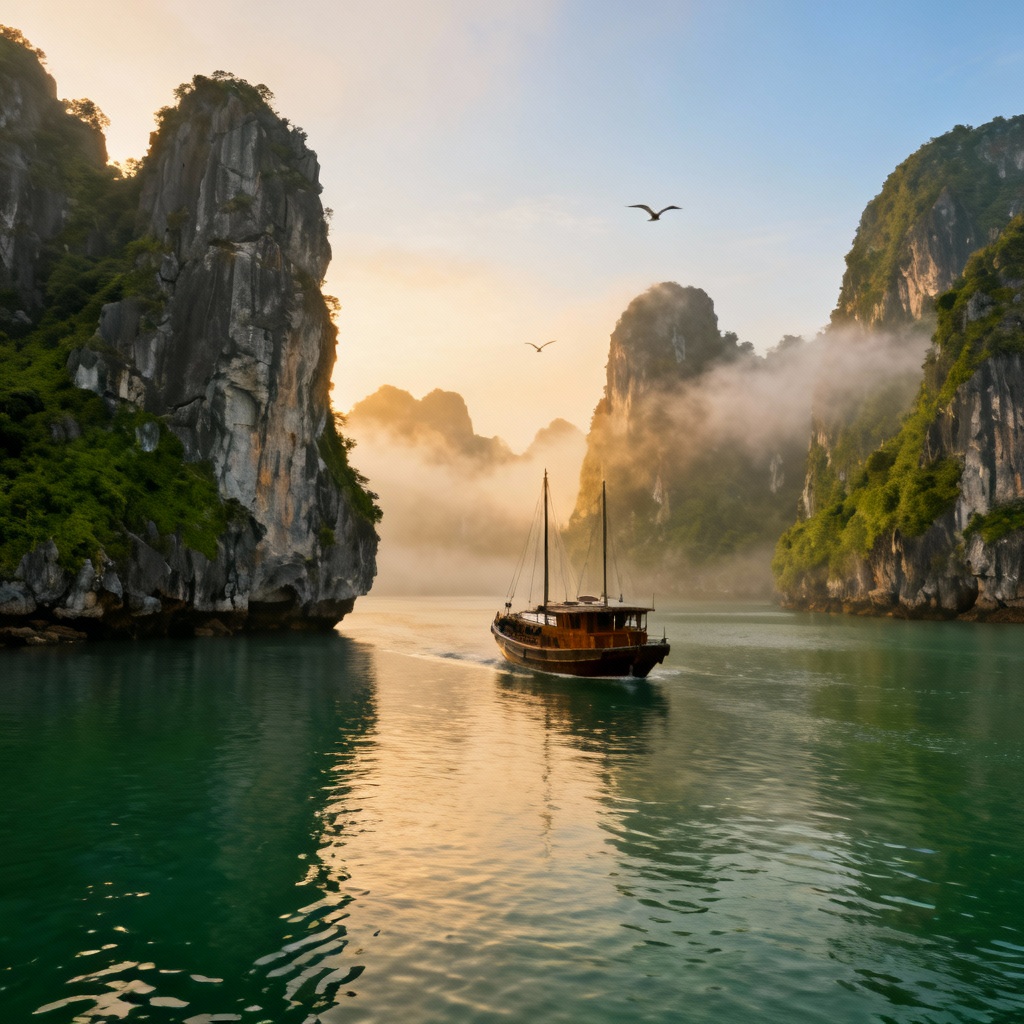 AI Ha Long Bay karst seascape with junk boat