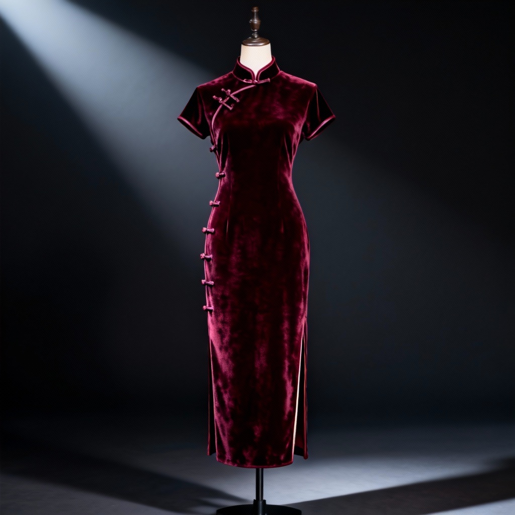 AI maroon velvet cheongsam qipao