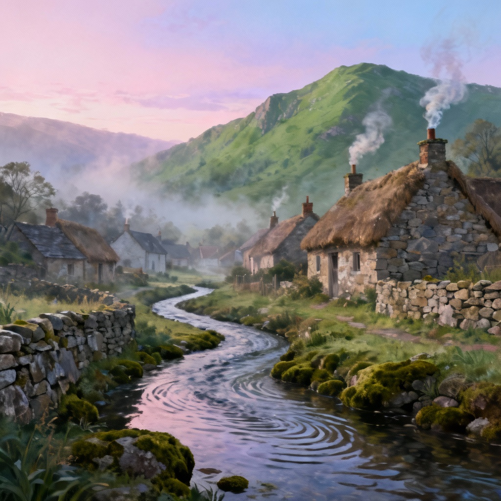 AI misty mountain village at dawn with smoke from chimneys