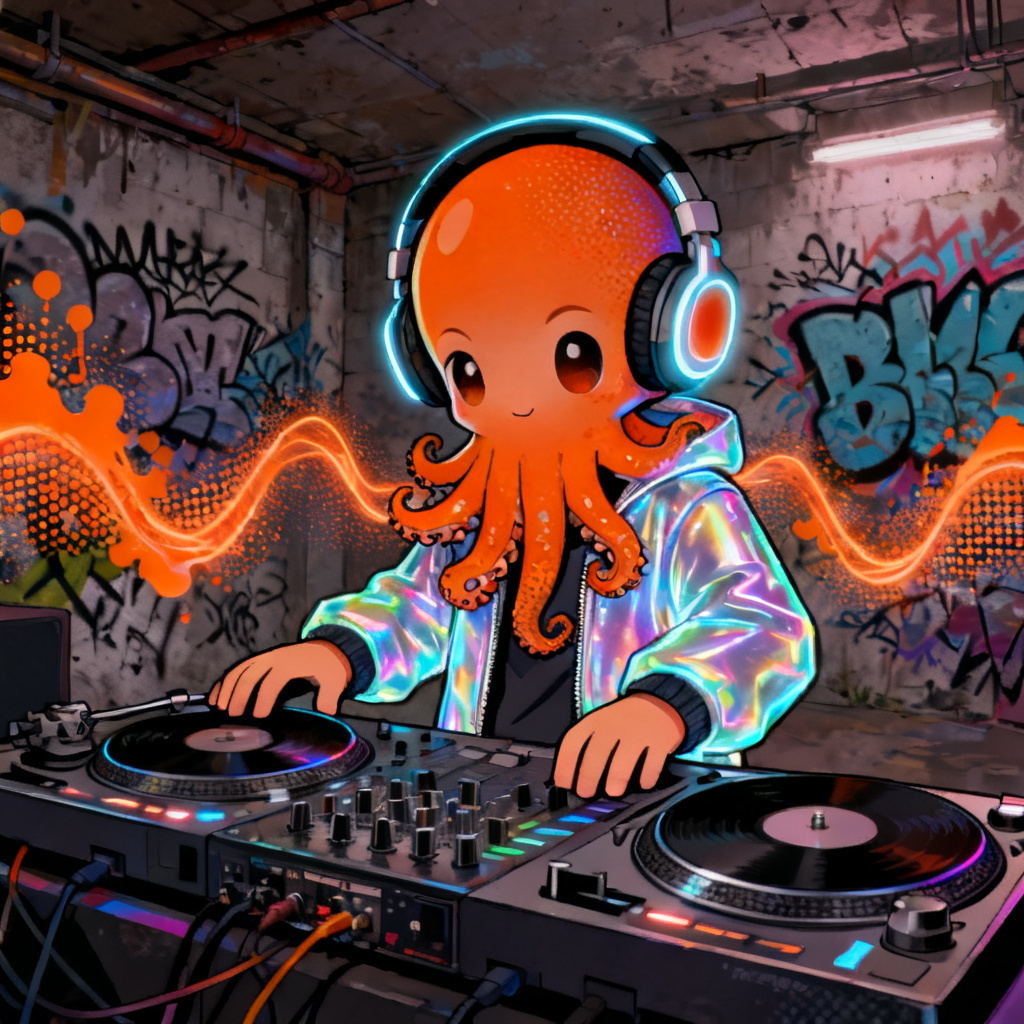 AI cephalopunk DJ inksona with headphones and graffiti
