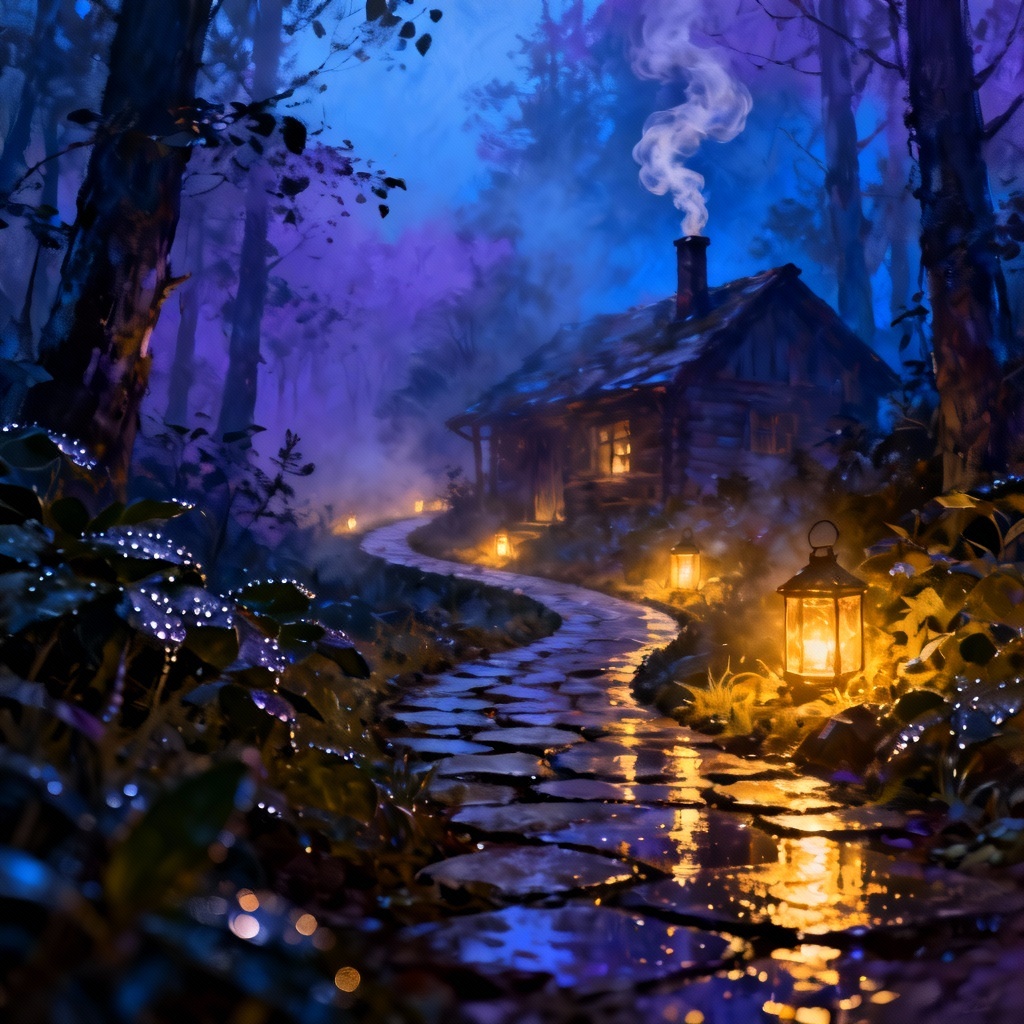 Dark moody forest cabin concept art at night