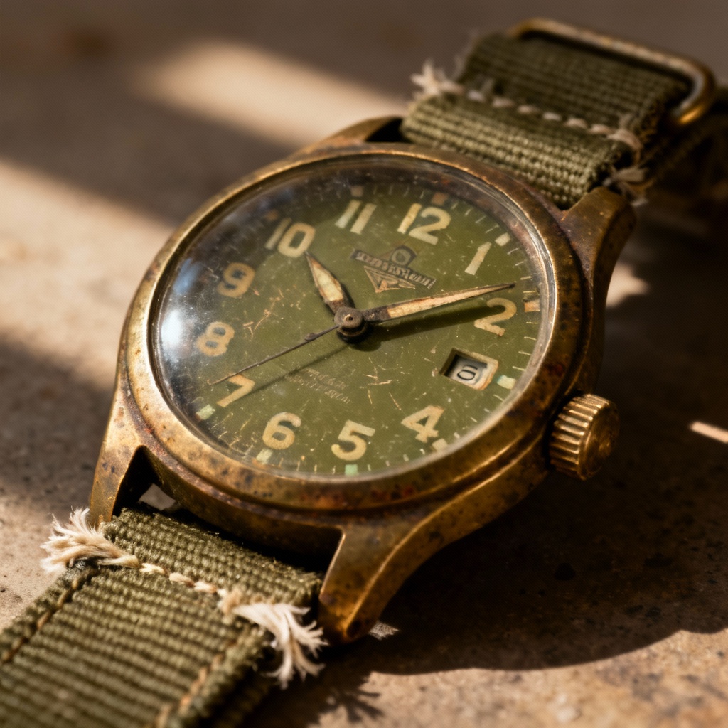AI vintage field watch macro closeup