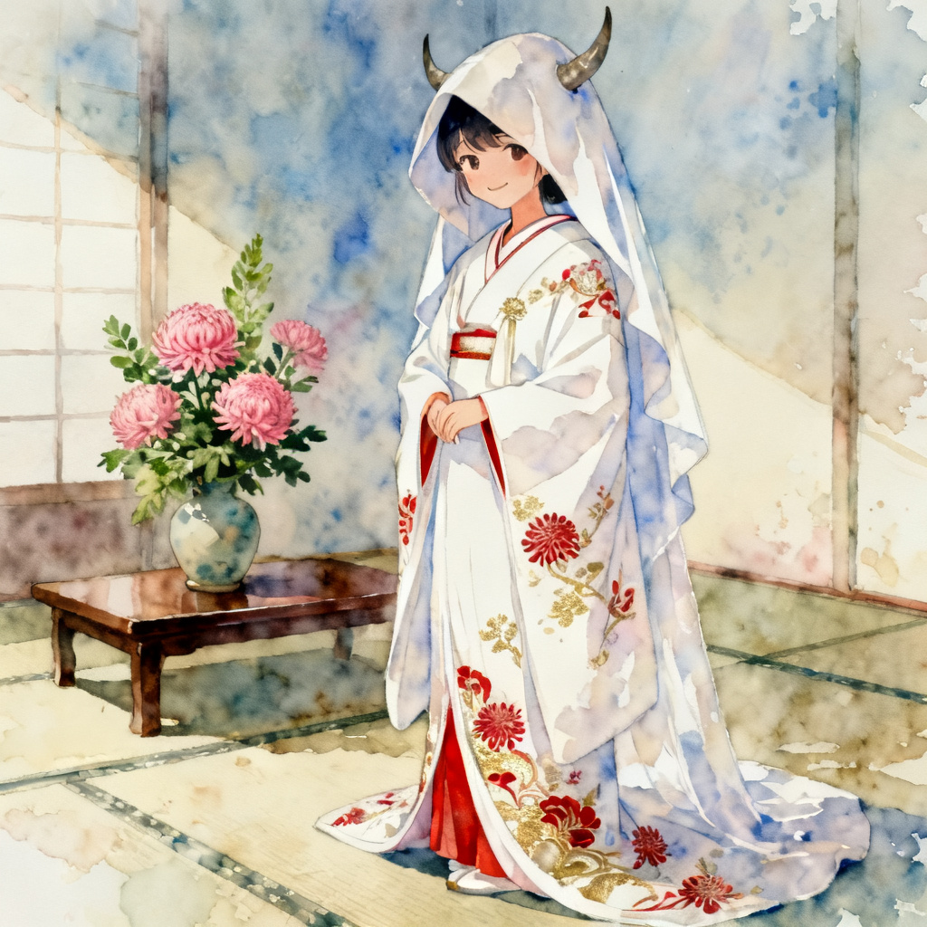 AI anime bride wearing shiromuku kimono