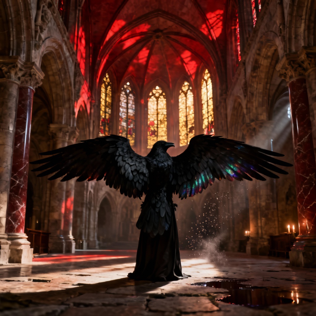 AI dark raven wings in a gothic cathedral scene
