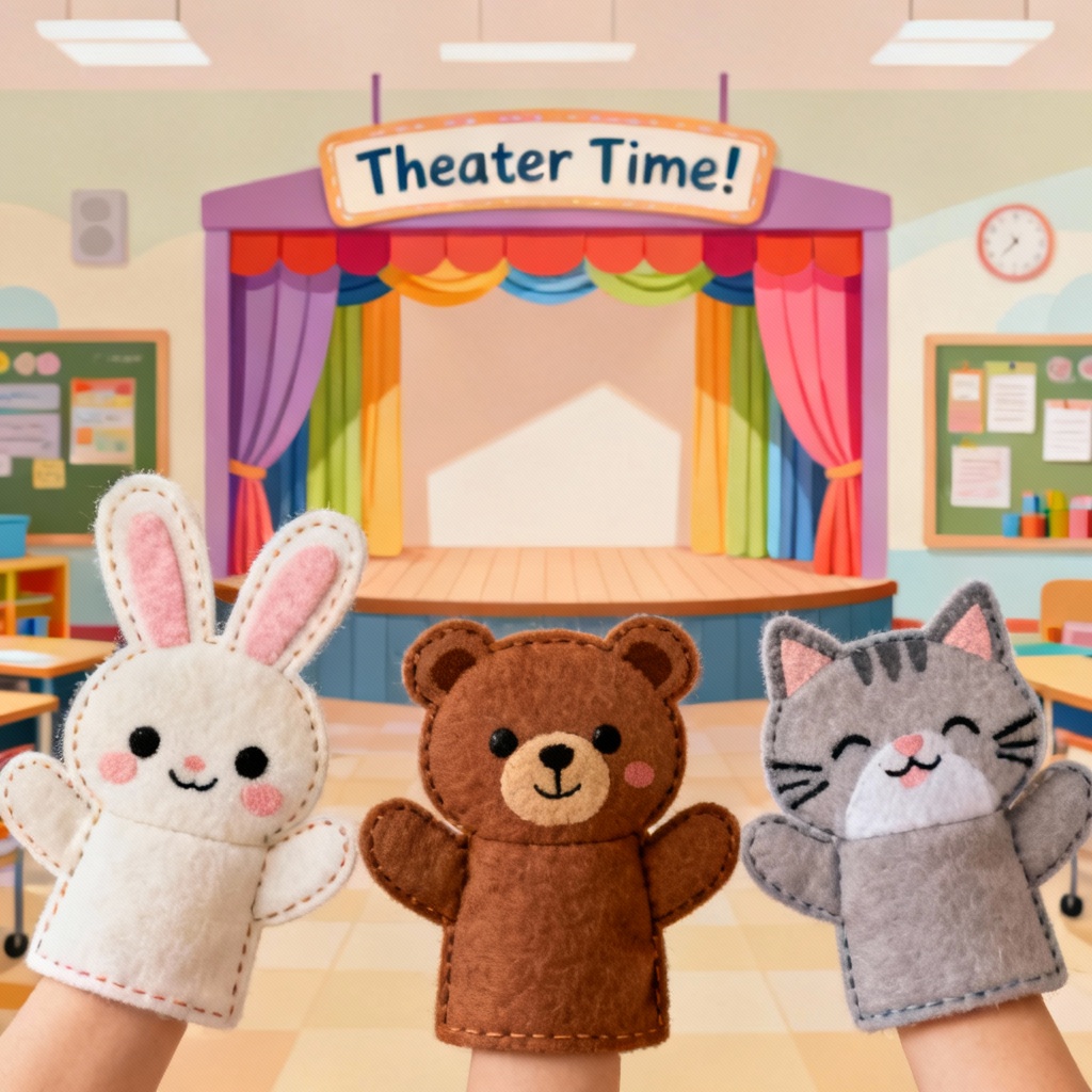 AI felt hand puppets in a children’s theater setting