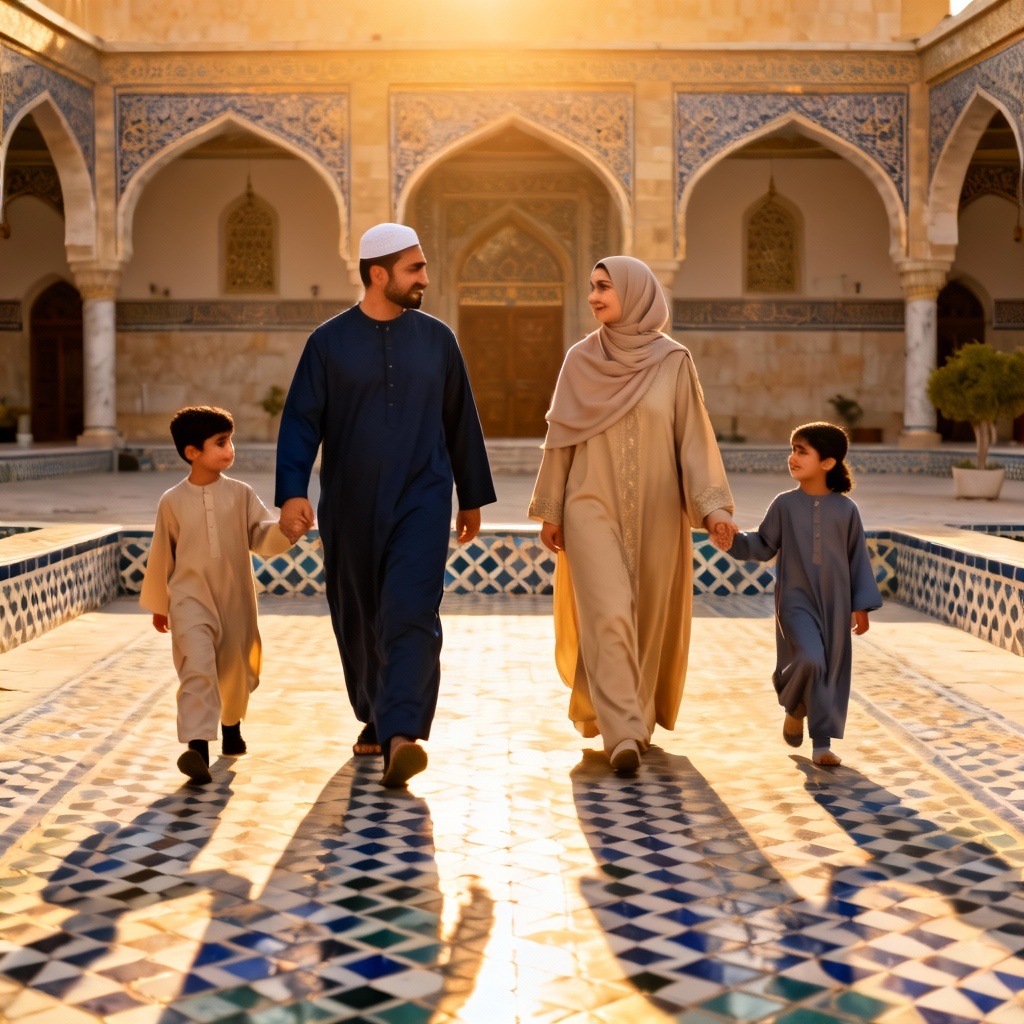 AI Muslim family visit to mosque courtyard