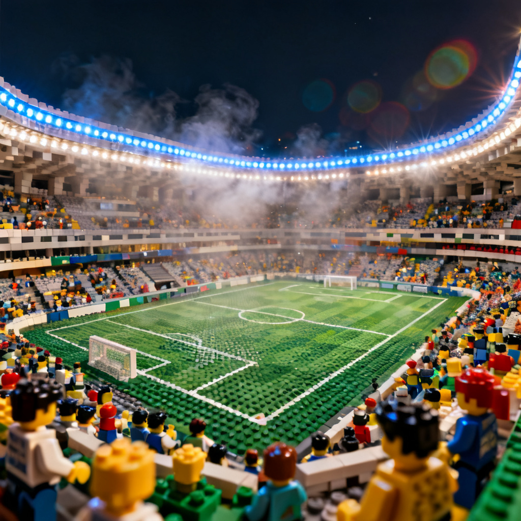 AI worldcup-lego night stadium panorama in brick style