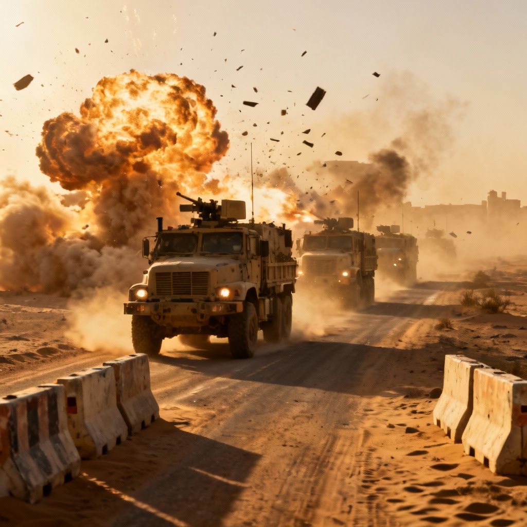 AI desert convoy ambush firefight with dust and heat haze
