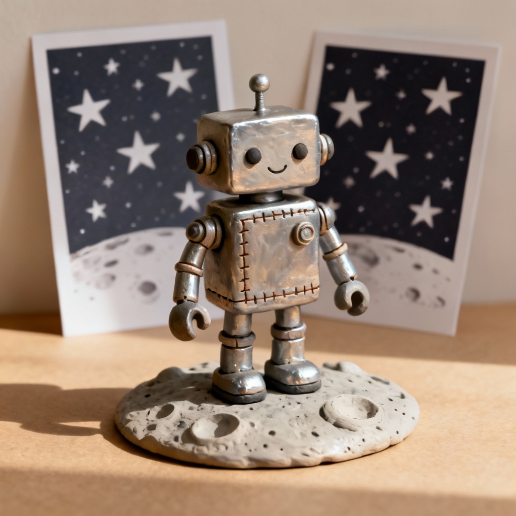 AI clay robot on a tiny lunar set