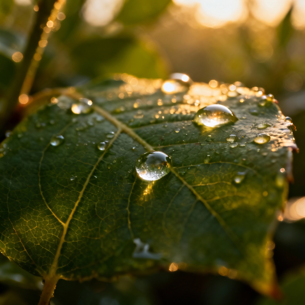 Macro dew drops on leaf with refraction highlights