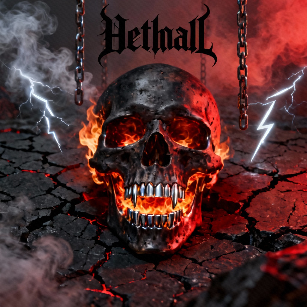 AI heavy metal album cover with flaming skull and blackletter logo