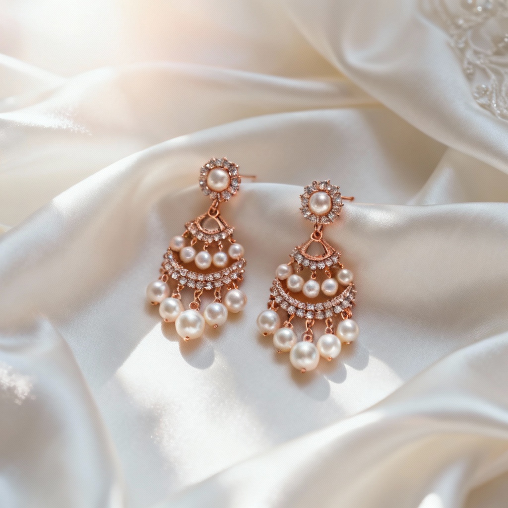Bridal chandelier earrings with pearls on silk fabric