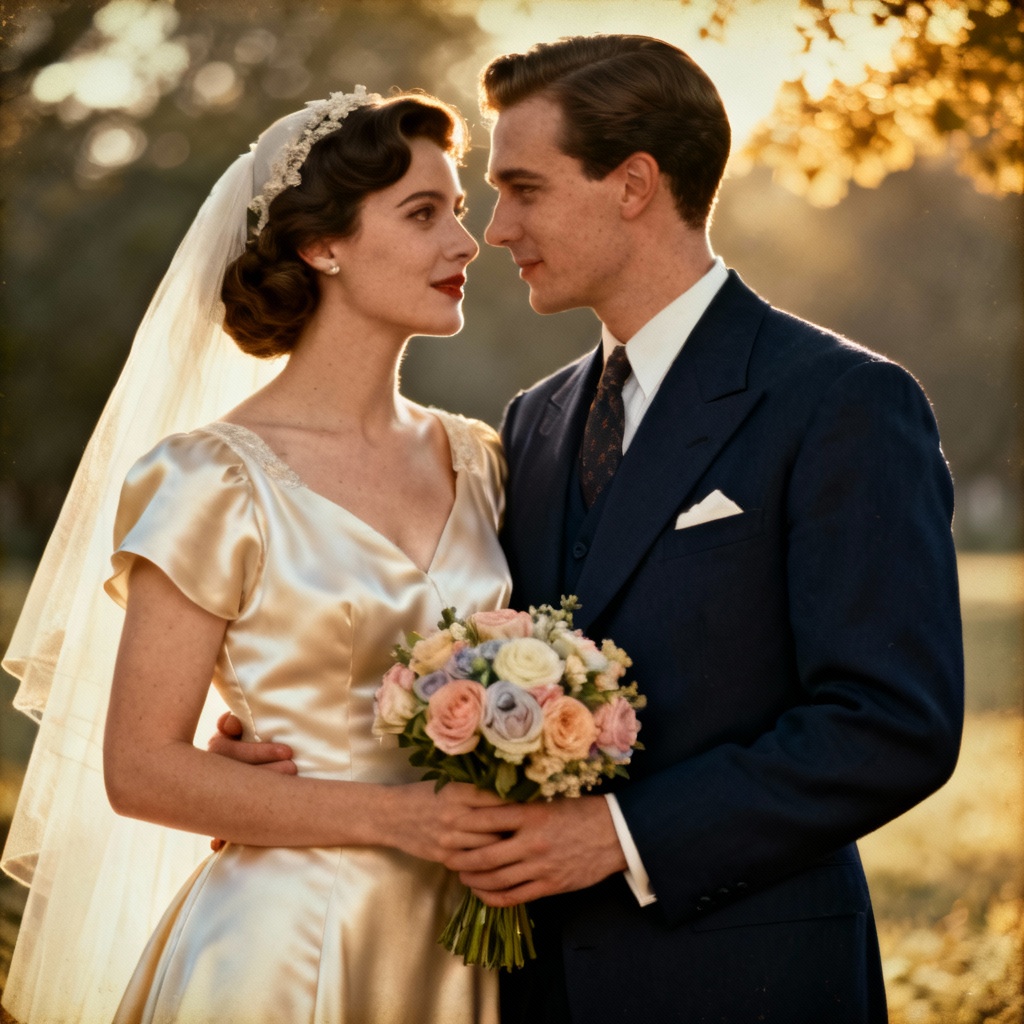 AI colorized vintage wedding photo with pastel tones
