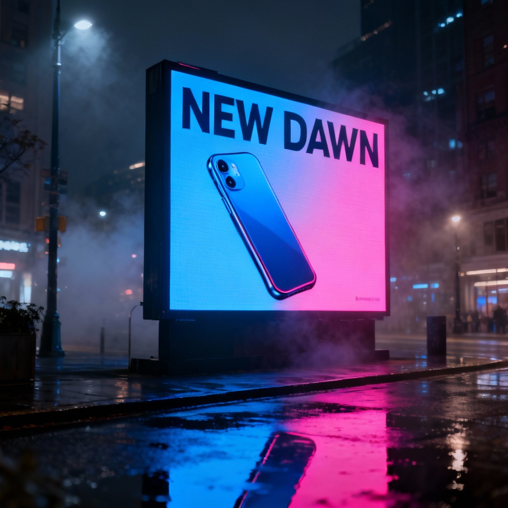 AI-generated digital billboard mockup at night in a cityscape