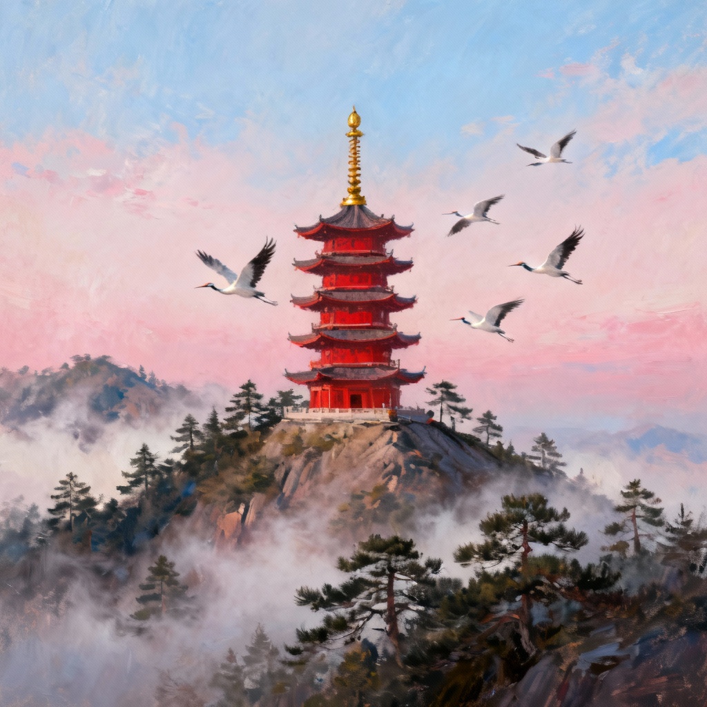 AI pagoda spire on misty mountain