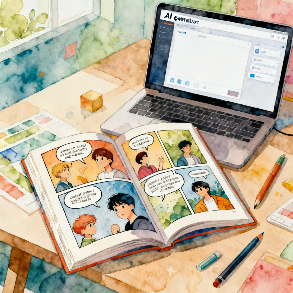 AI cartoon book generator interface showing panels and speech bubbles