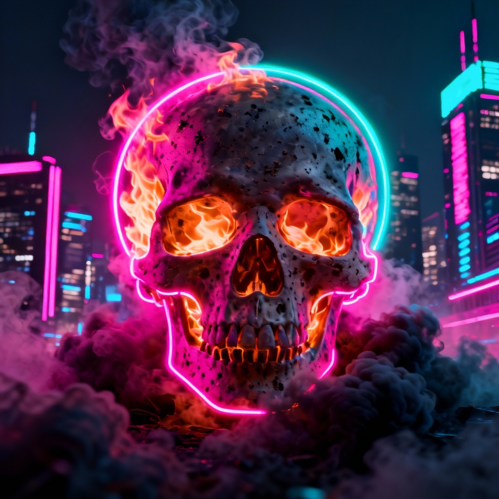 AI Neon Flaming Skull Poster