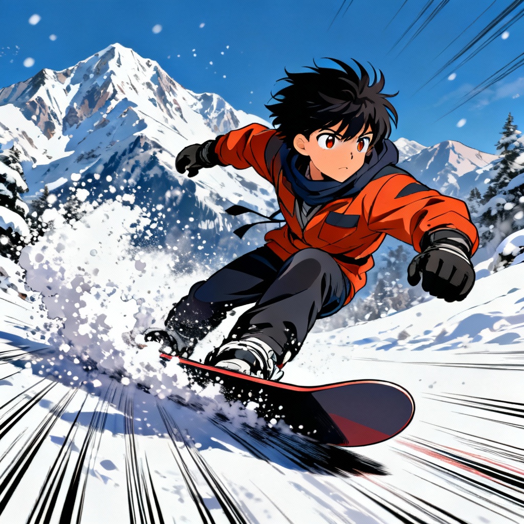AI snowboarding generator anime character riding with speed lines