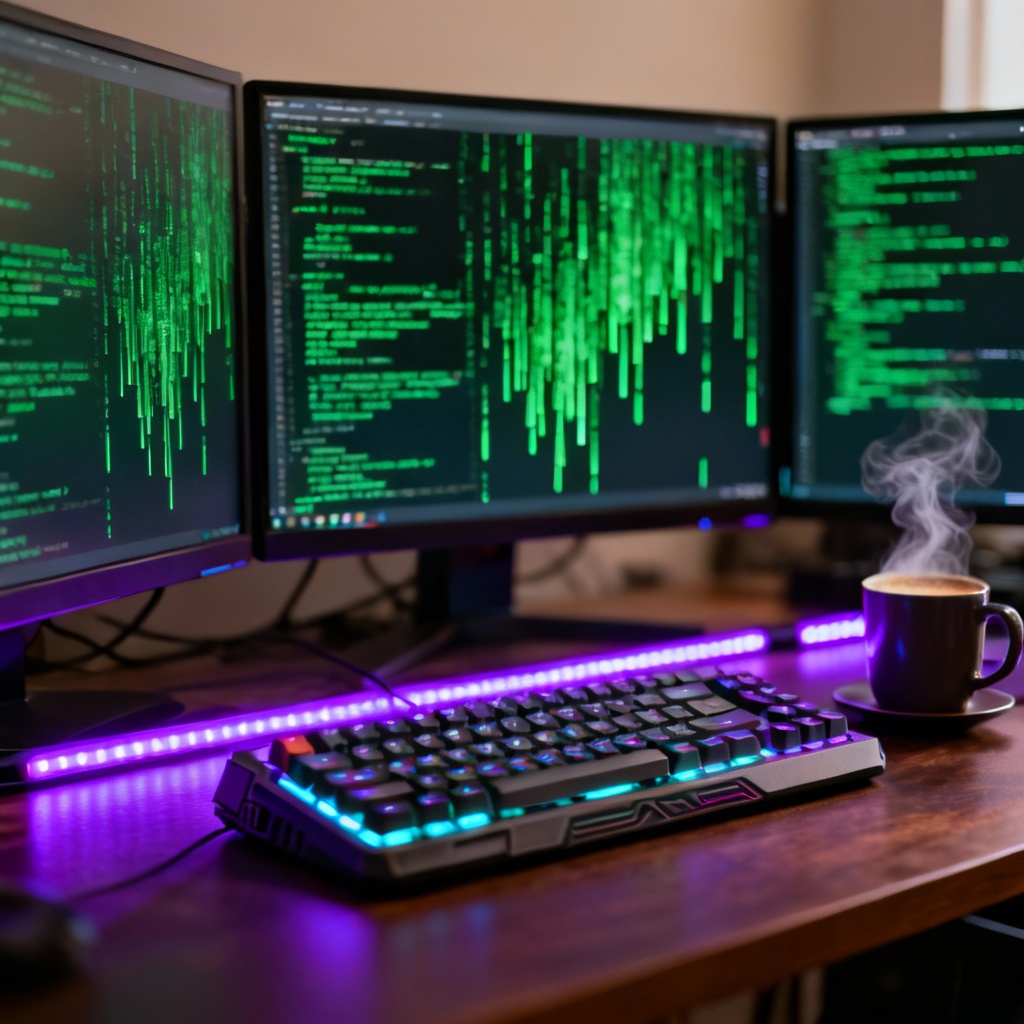 Cyberpunk desktop wallpaper of hacker setup with neon glow