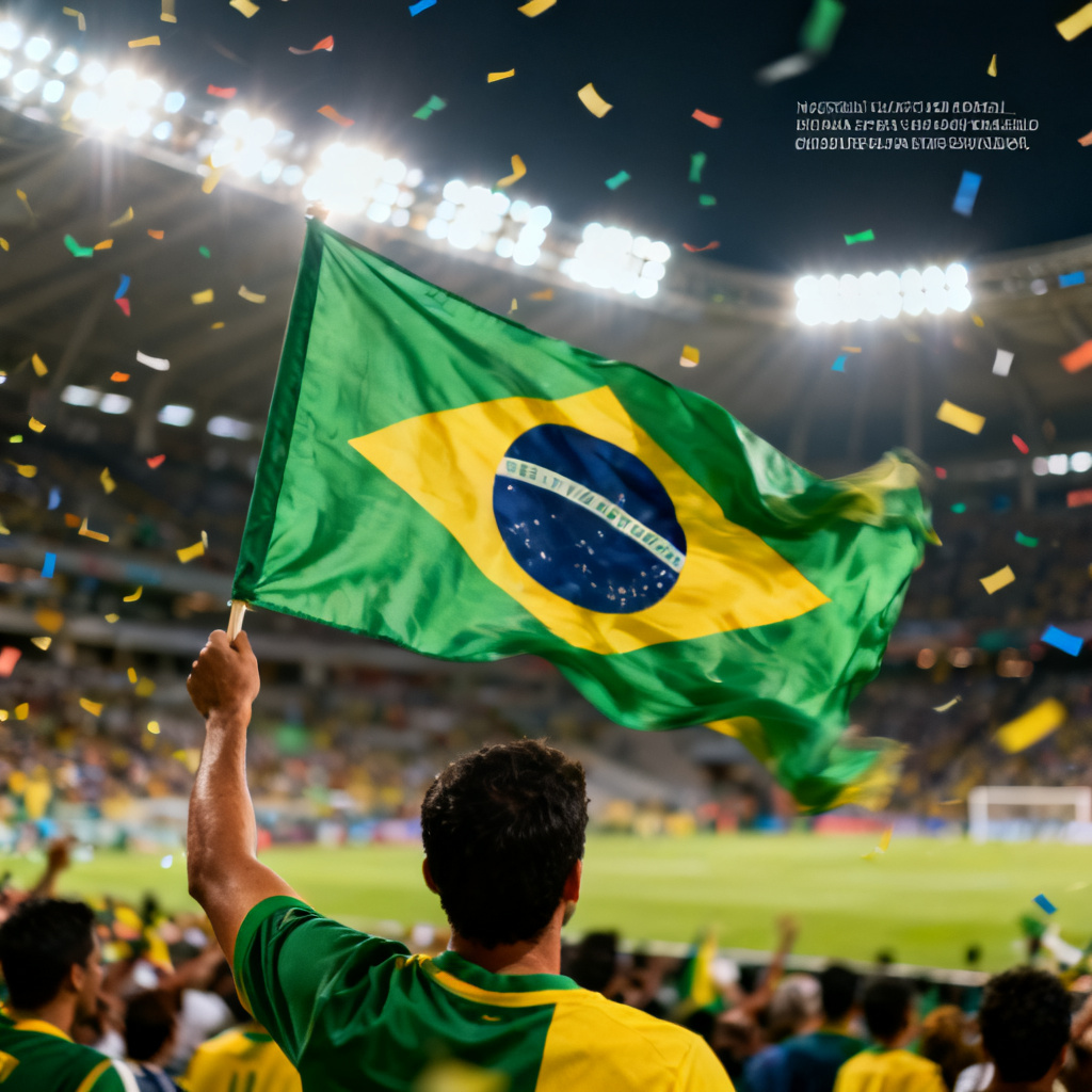 Photoreal fan banner with Brazil flag and stadium lights