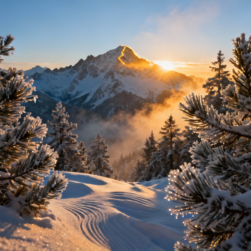 Icy mountain sunrise winter landscape background