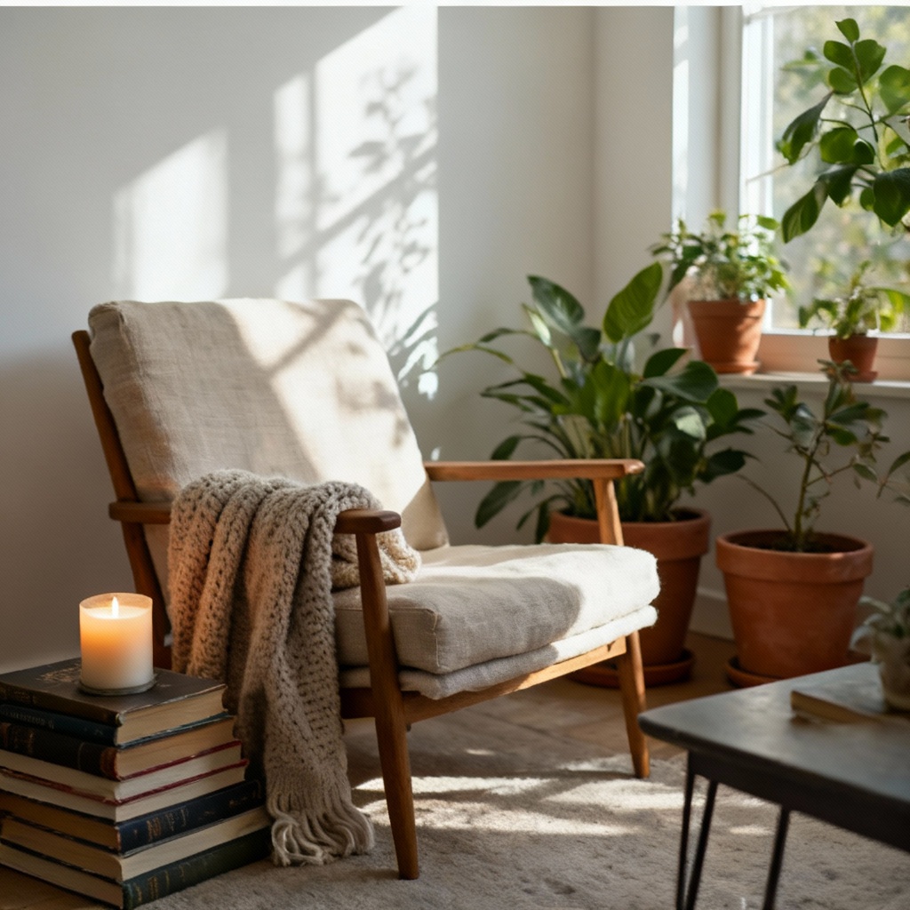 AI cozy reading nook with soft lighting