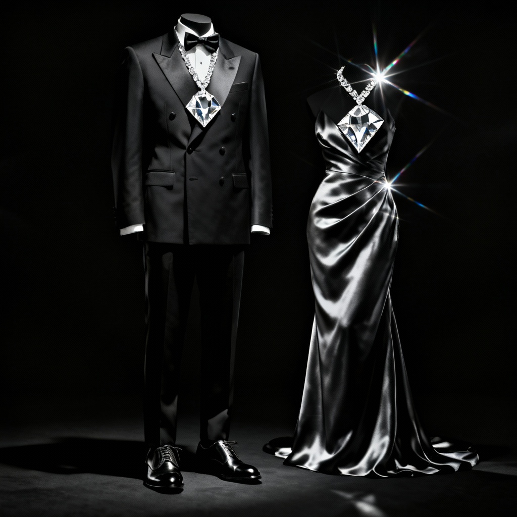 AI black tie classic tuxedo and evening gown