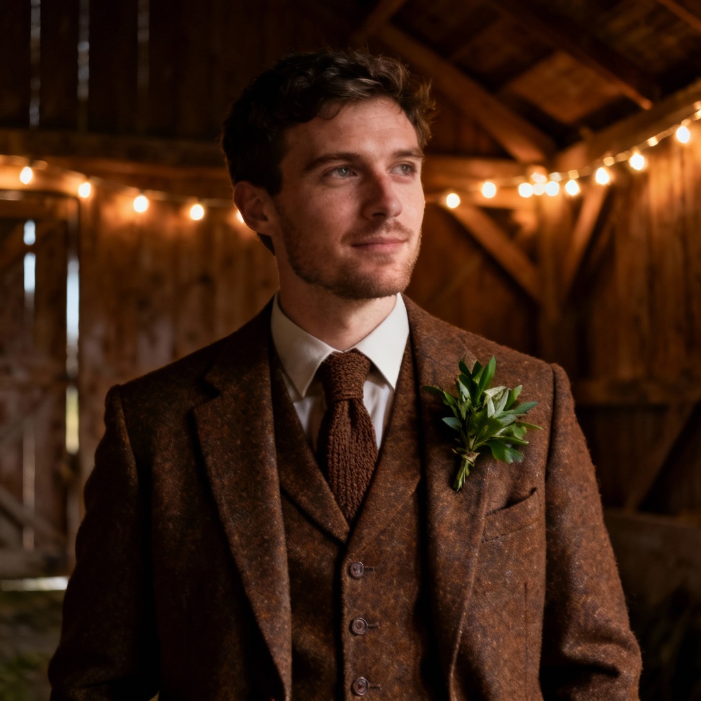 Rustic barn groom in tweed three-piece suit