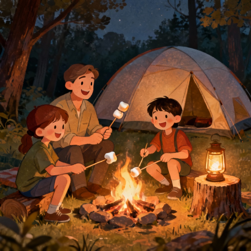 AI family campsite scene with kids roasting marshmallows