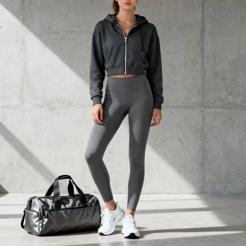 AI athleisure outfit with zip hoodie and leggings