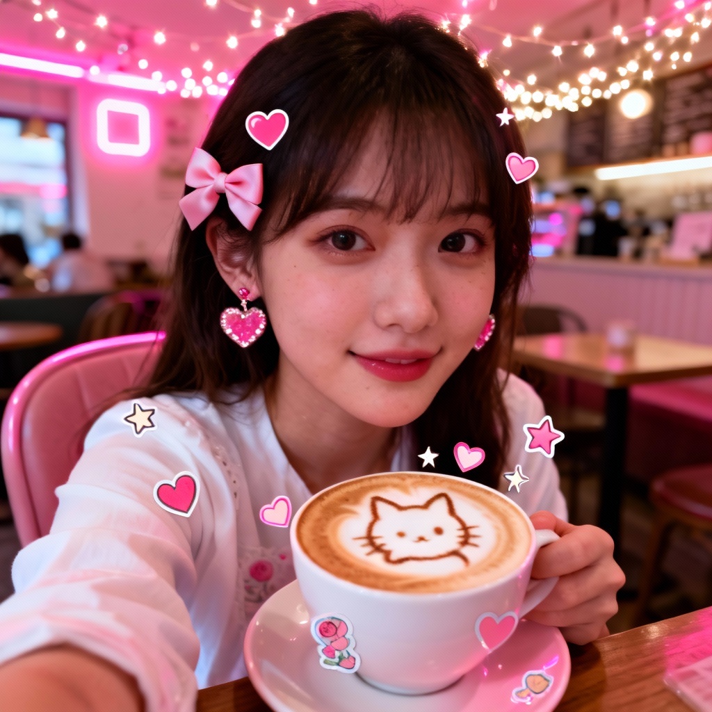 AI Hello Kitty cafe selfie aesthetic