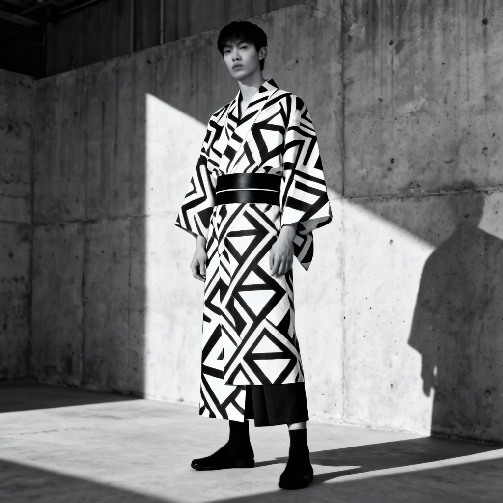 Monochrome geometric yukata AI try-on with minimalist obi