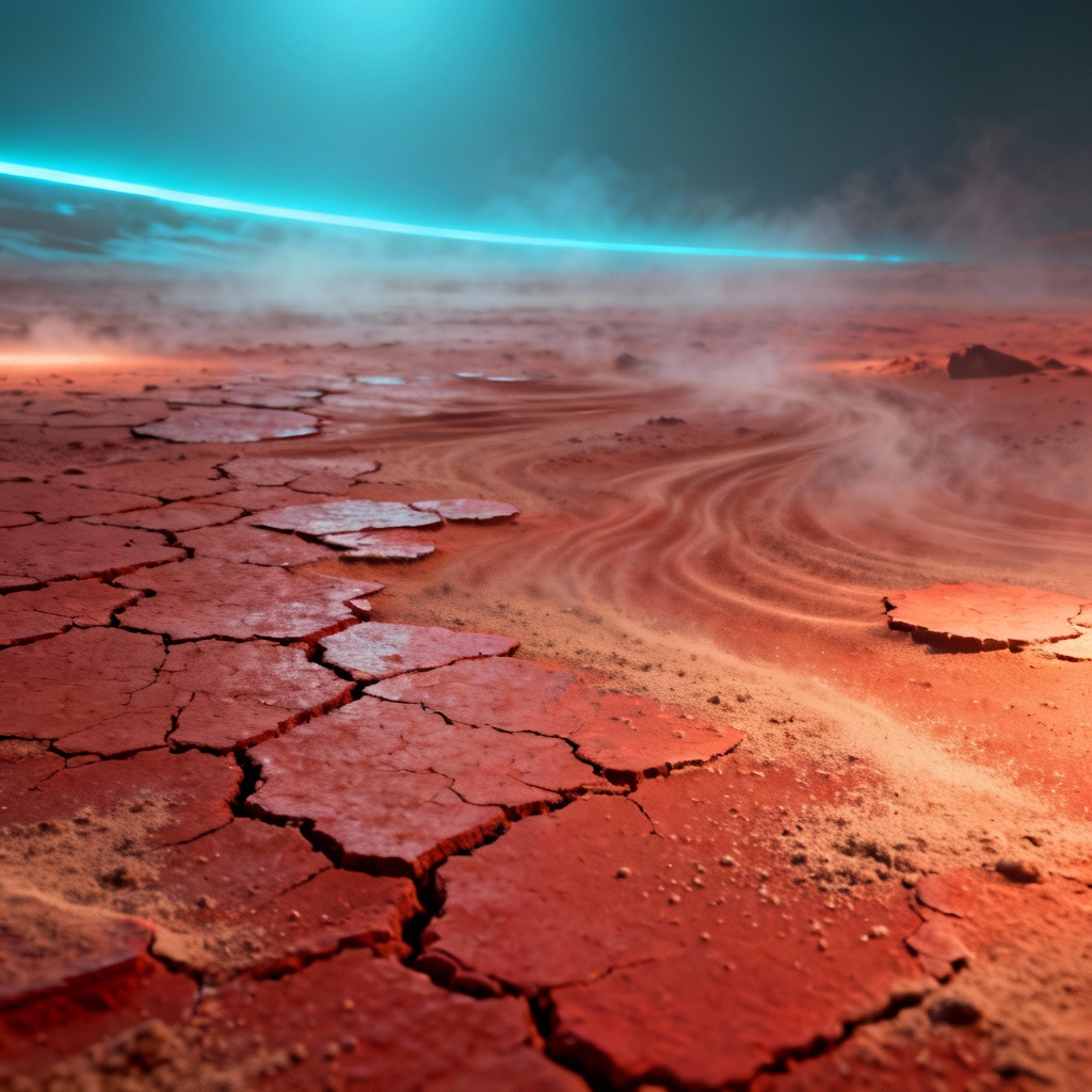 Red Martian cracked dust with sci-fi atmosphere