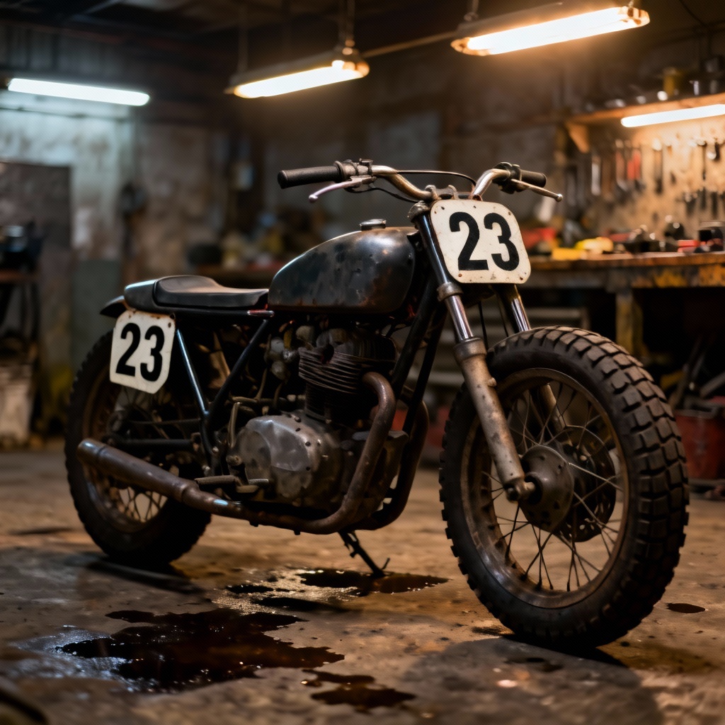 AI classic 1968 flat tracker motorcycle in a garage build scene