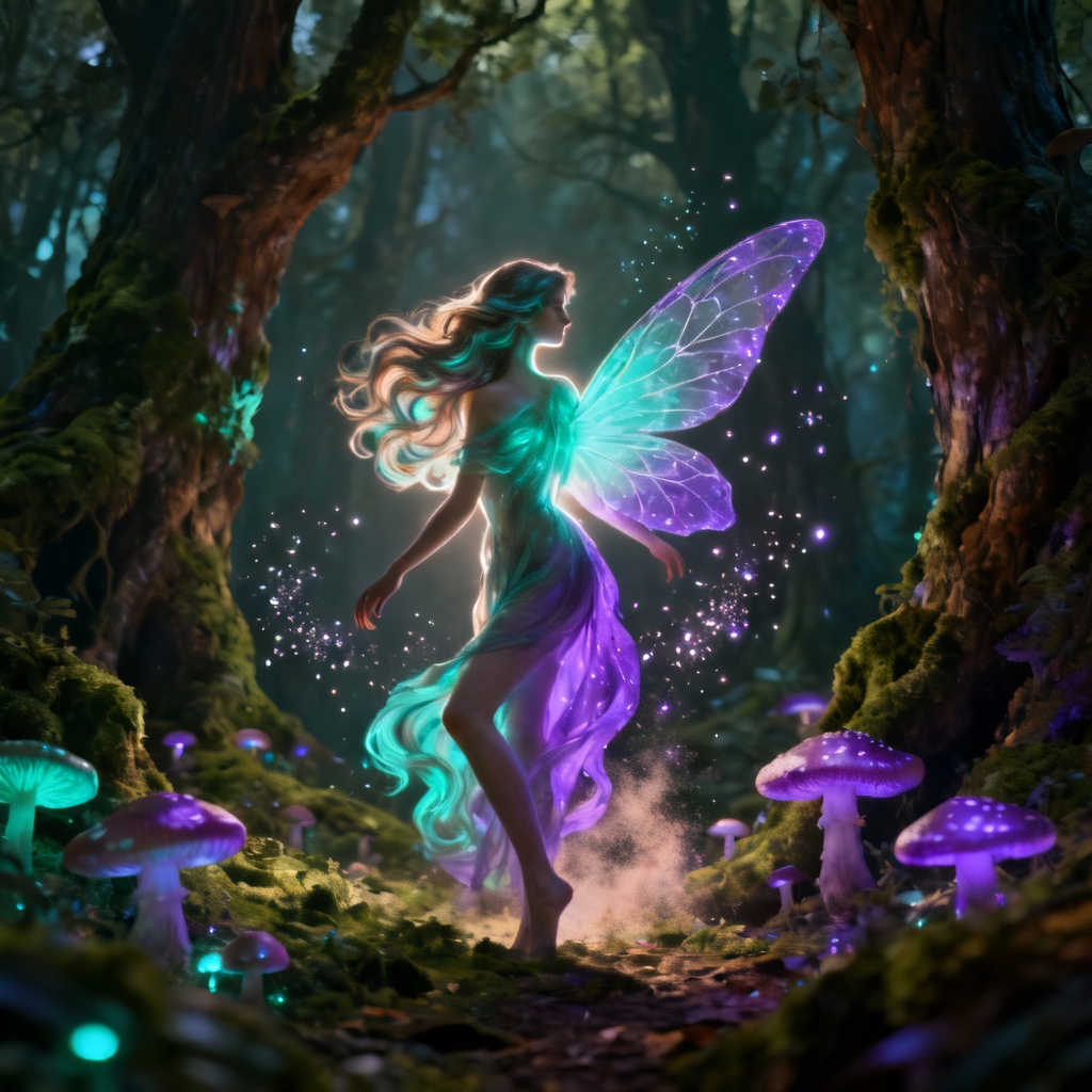 AI bioluminescent fairy waves with teal and violet glow