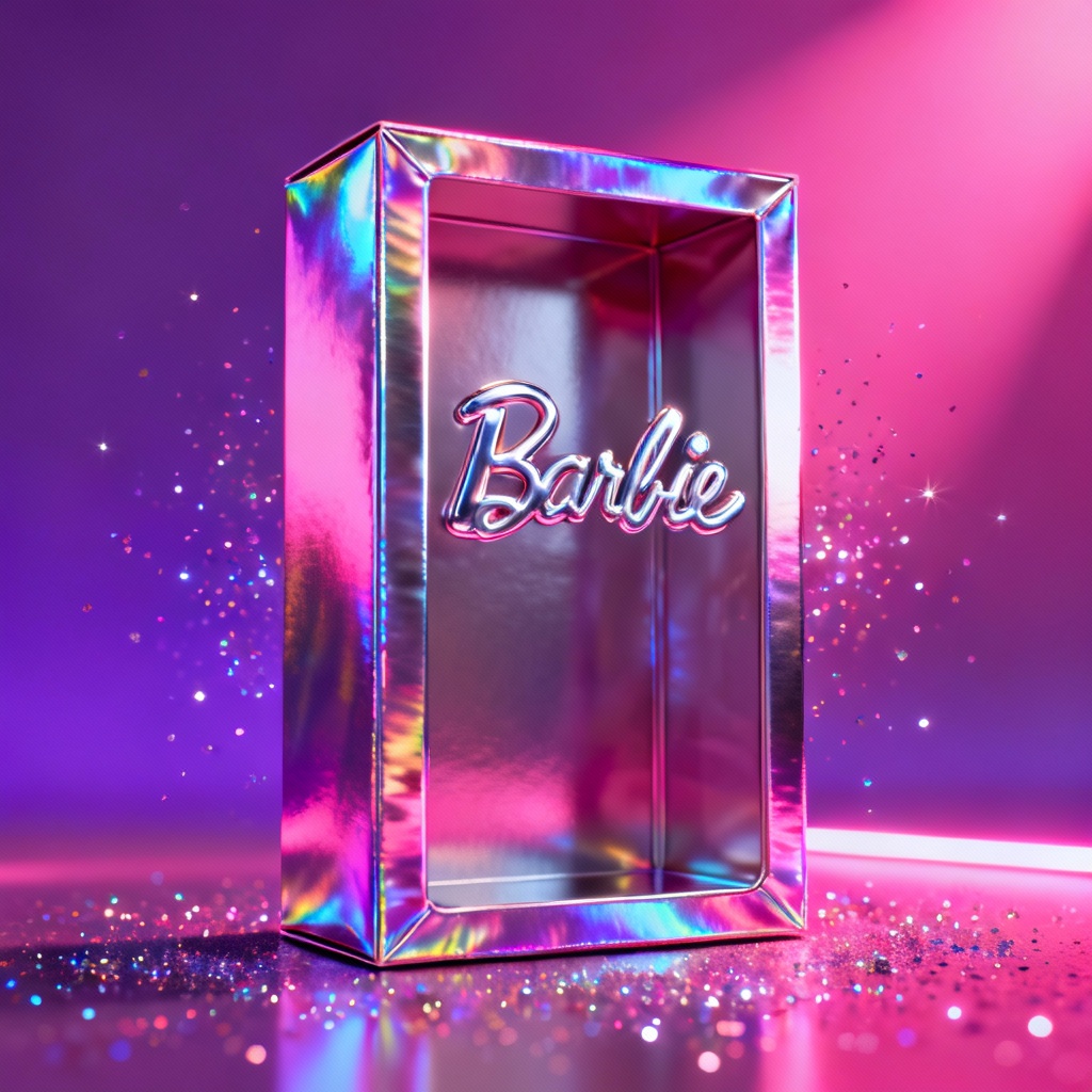 Neon futuristic Barbie box with holographic shine