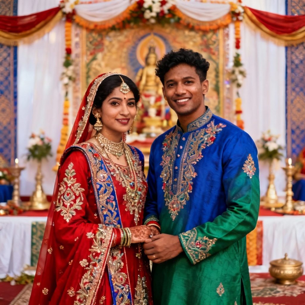 AI wedding couple in traditional cultural outfits