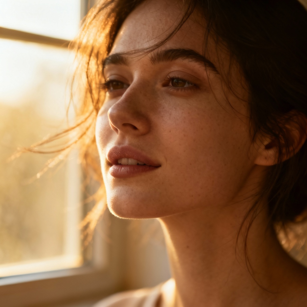 Natural light AI girl headshot with warm tones