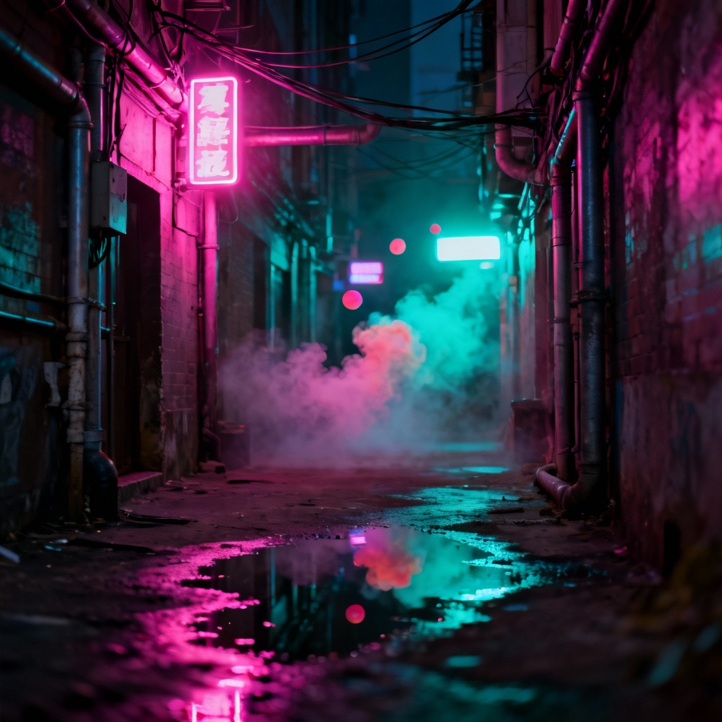 AI cyberpunk alley colorful fog atmosphere