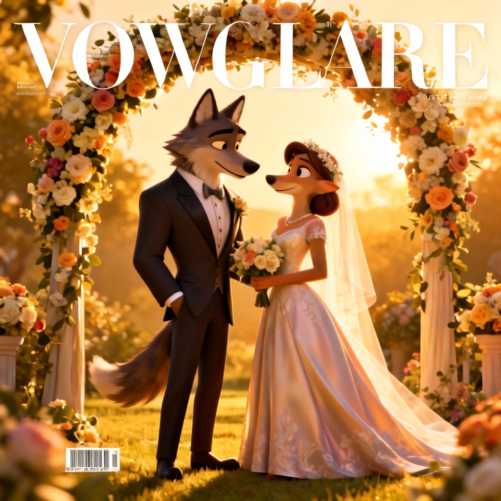 Zootopia style wolf couple wedding portrait at golden hour
